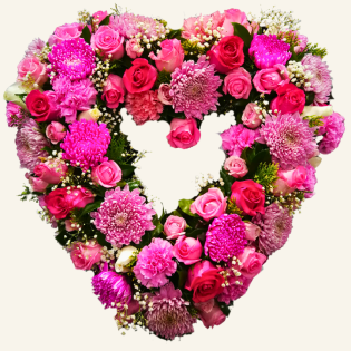 Order a pink hollow heart tribute in Belfield, Sydney. Featuring hot pink flowers with Disbuds and roses. Funeral flower delivery across Inner West