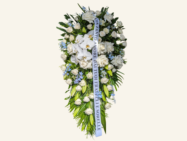 Past Lives teardrop funeral tribute with orchids and roses by Belfield Blooms